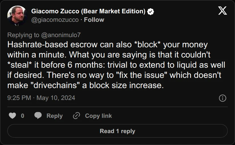 Archival rendering of an X post by Giacomo Zucco: “What you are saying is that it couldn’t steal it before six months.”