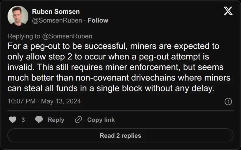 Archival rendering of an X post by Ruben Somsen: “Miners can steal all funds in a single block without any delay.”