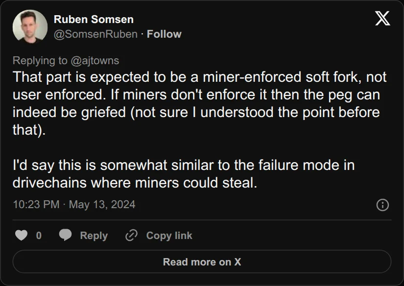 Archival rendering of an X post by Ruben Somsen: “This is somewhat similar to the failure mode in drivechains where miners could steal.”