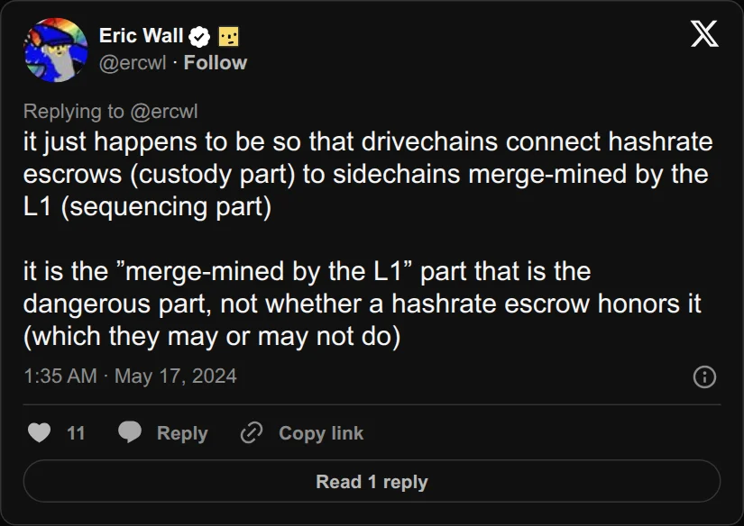 Archival rendering of an X post by Eric Wall: “It is the ‘merge-mined by the L1’ part that is the dangerous part.”