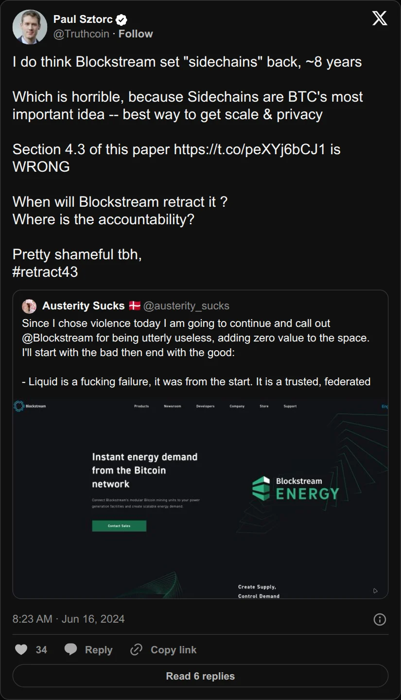 Archival rendering of an X post by Paul Sztorc: “I do think Blockstream set "sidechains" back, ~8 years Which is horrible, because Sidechains are BTC's most important idea -- best way to get scale & privacy Section 4.3 of this paper https://t.co/8vbISIfxHf is WRONG When will Blockstream retract it ? Where is the https://t.co/AjYv1kdzvT”