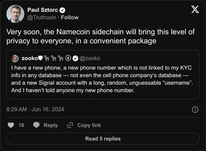 Archival rendering of an X post by Paul Sztorc: “Very soon, the Namecoin sidechain will bring this level of privacy to everyone, in a convenient package https://t.co/hCZt0HZf5i”