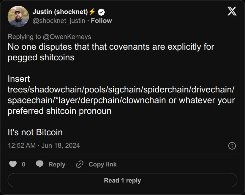 Archival rendering of an X post by Justin: “Insert … spiderchain, drivechain, spacechain … or whatever your preferred shitcoin pronoun. It’s not Bitcoin.”