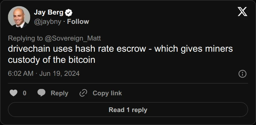Archival rendering of an X post by Jay Berg: “Drivechain uses hash rate escrow—which gives miners custody of the bitcoin.”