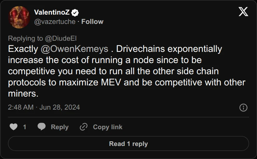 Archival rendering of an X post by ValentinoZ: “Drivechains exponentially increase the cost of running a node since to be competitive you need to run all the other side chain protocols to maximize MEV.”