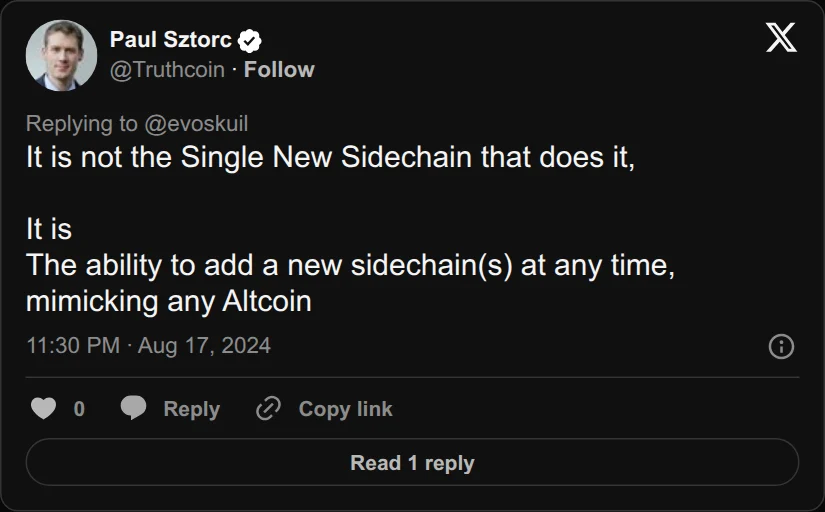 Archival rendering of an X post by Paul Sztorc: “@evoskuil @HostFat @LTCUnderground @biomance It is not the Single New Sidechain that does it, It is The ability to add a new sidechain(s) at any time, mimicking any Altcoin”