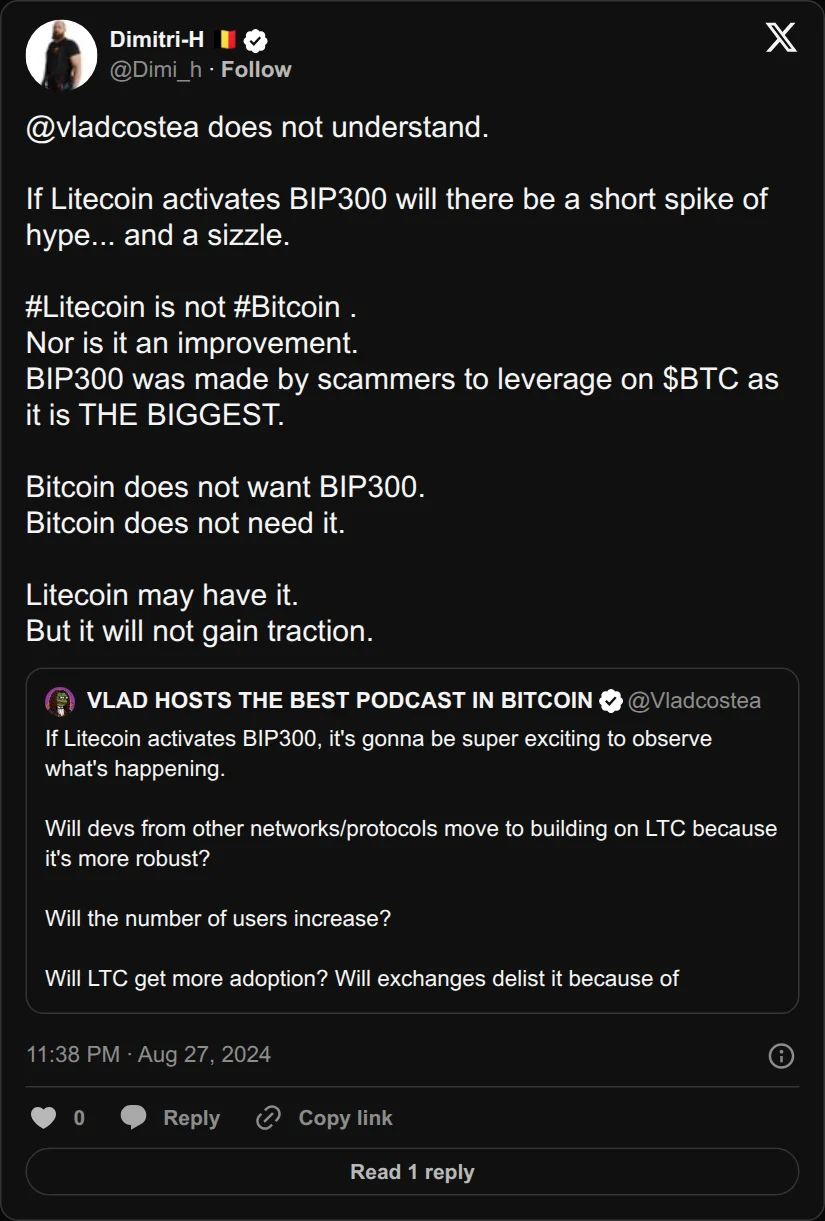 Archival rendering of an X post by Dimitri-H 🇧🇪: “Bitcoin does not want BIP300. Bitcoin does not need it.”