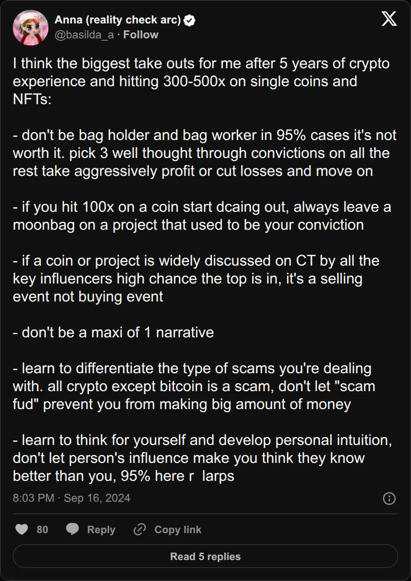 Archival rendering of an X post by Anna: “All crypto except bitcoin is a scam.”