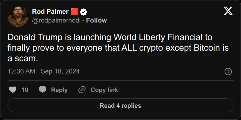 Archival rendering of an X post by Rod Palmer: “ALL crypto except Bitcoin is a scam.”