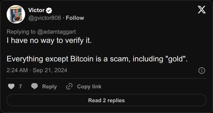Archival rendering of an X post by Victor: “Everything except Bitcoin is a scam, including gold.”