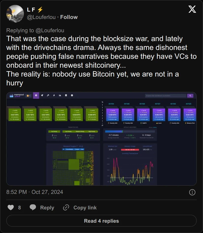 Archival rendering of an X post by L F: “Dishonest people pushing false narratives because they have VCs to onboard in their newest shitcoinery.”