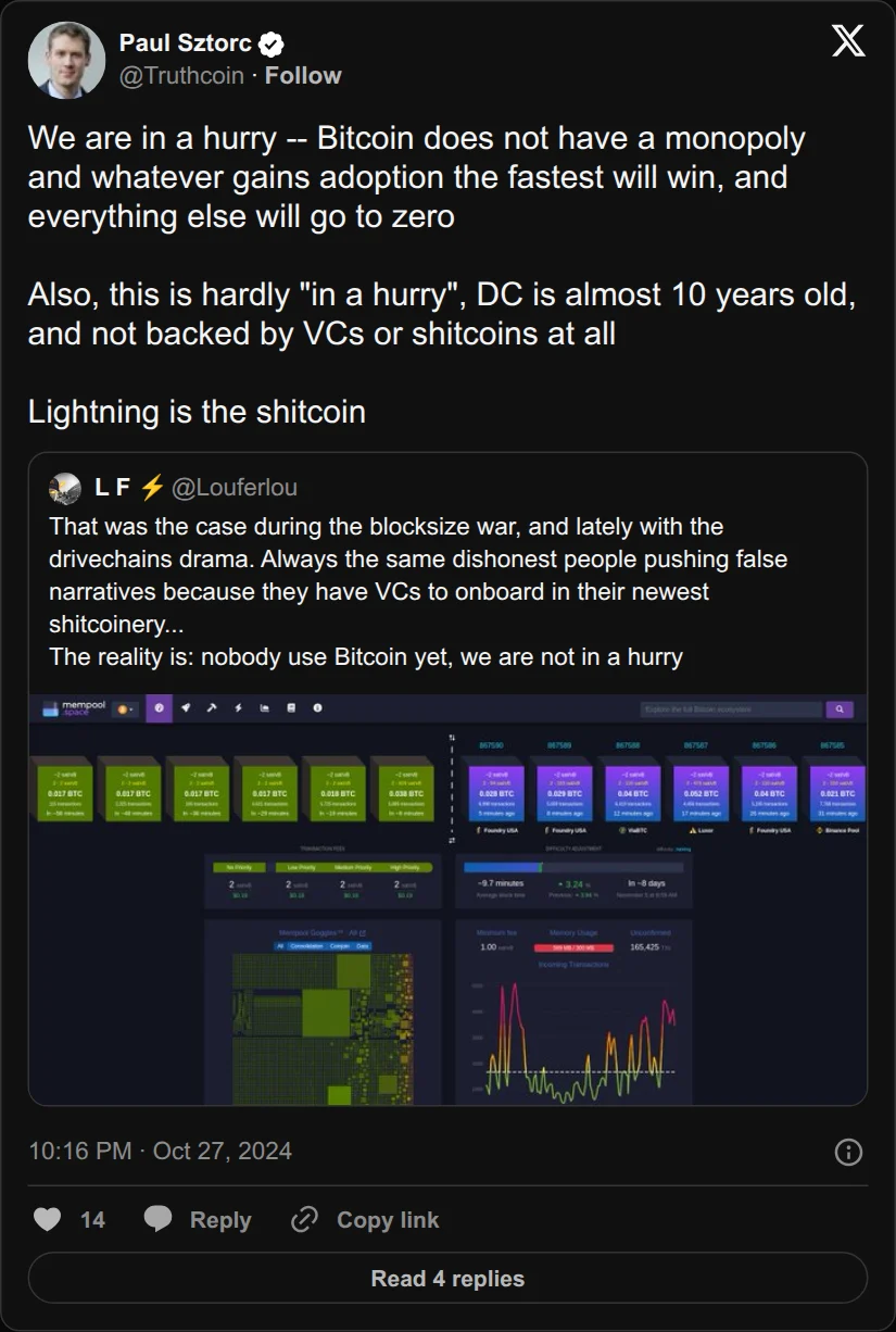 Archival rendering of an X post by Paul Sztorc: “We are in a hurry -- Bitcoin does not have a monopoly and whatever gains adoption the fastest will win, and everything else will go to zero Also, this is hardly "in a hurry", DC is almost 10 years old, and not backed by VCs or shitcoins at all Lightning is the shitcoin https://t.co/53dzs60VRZ”
