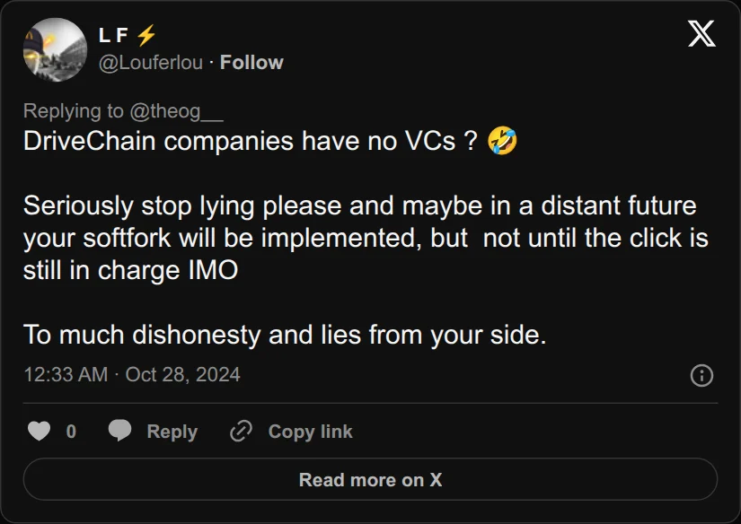 Archival rendering of an X post by L F: “DriveChain companies have no VCs? Seriously stop lying please.”