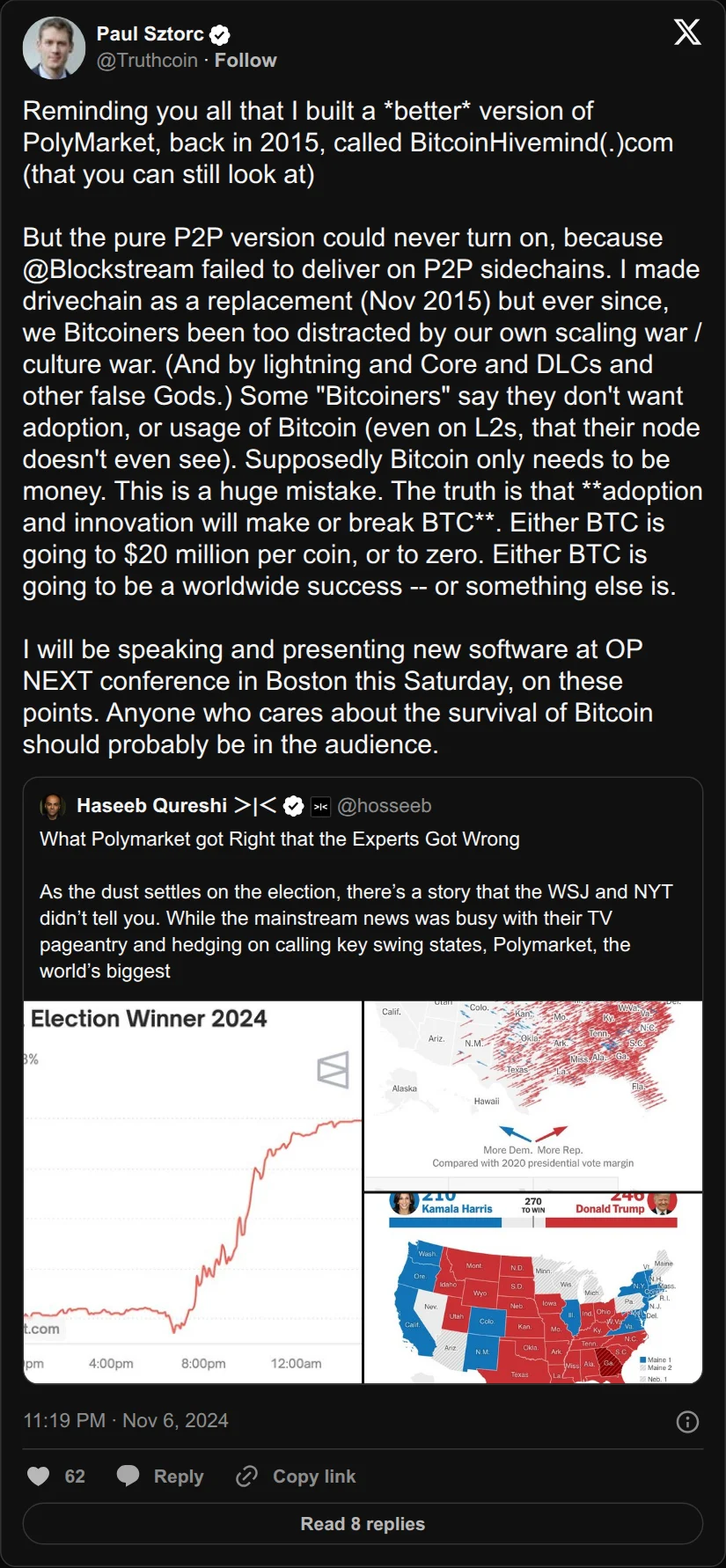 Archival rendering of an X post by Paul Sztorc: “Reminding you all that I built a *better* version of PolyMarket, back in 2015, called BitcoinHivemind(.)com (that you can still look at) But the pure P2P version could never turn on, because @Blockstream failed to deliver on P2P sidechains. I made drivechain as a replacement https://t.co/7k8k5cQPJg”