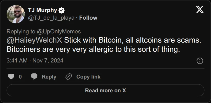 Archival rendering of an X post by TJ Murphy: “Stick with Bitcoin, all altcoins are scams.”