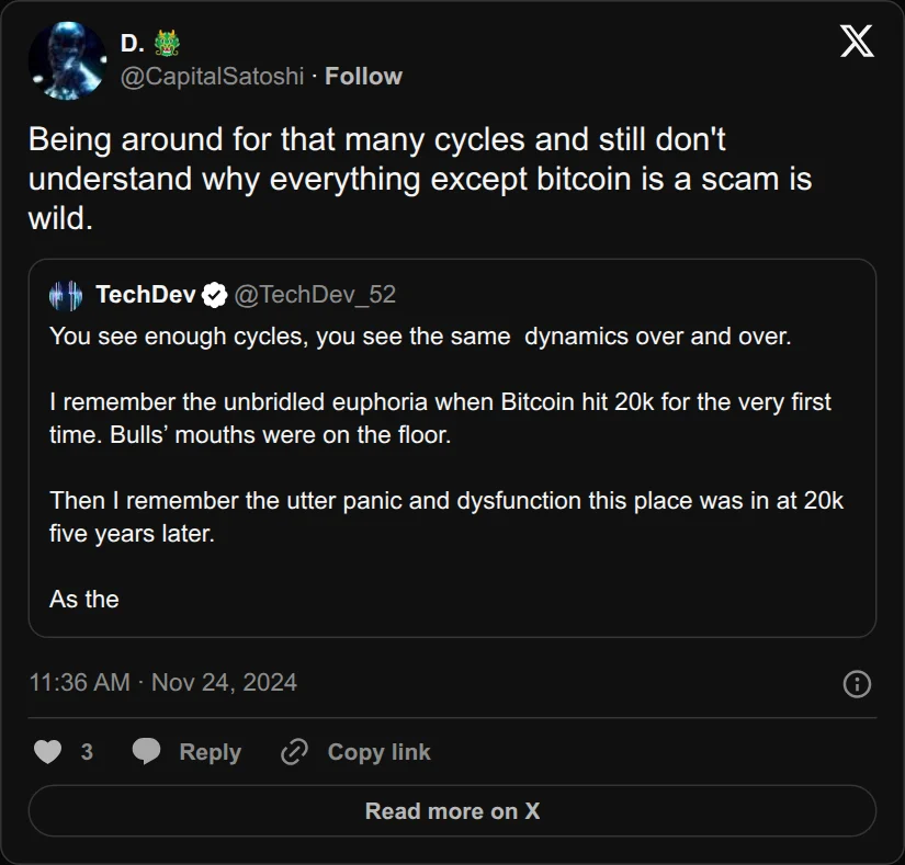Archival rendering of an X post by D.: “Everything except bitcoin is a scam.”