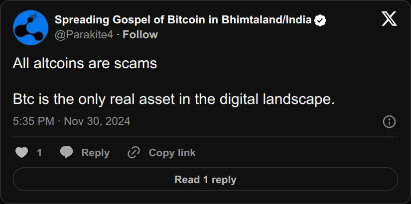 Archival rendering of an X post by Parakite: “All altcoins are scams. BTC is the only real asset in the digital landscape.”