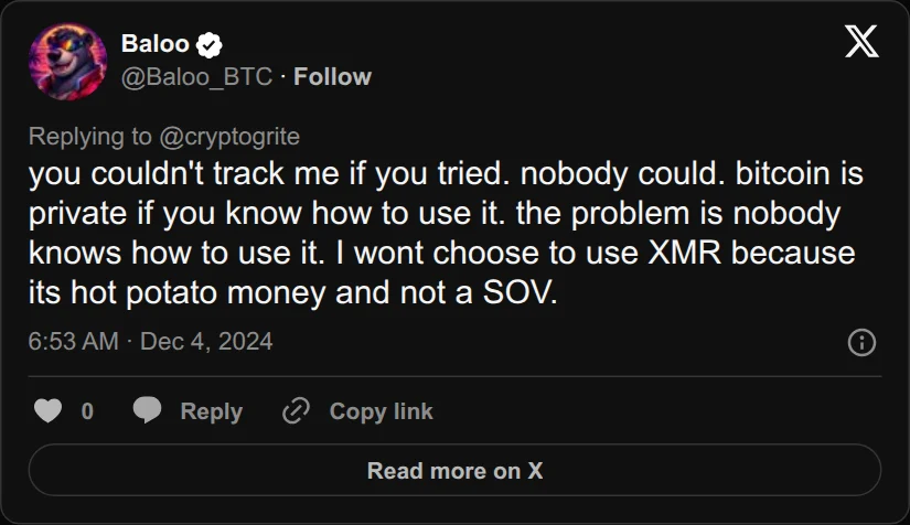 Archival rendering of an X post by Baloo: “You couldn’t track me if you tried. Nobody could. Bitcoin is private if you know how to use it.”
