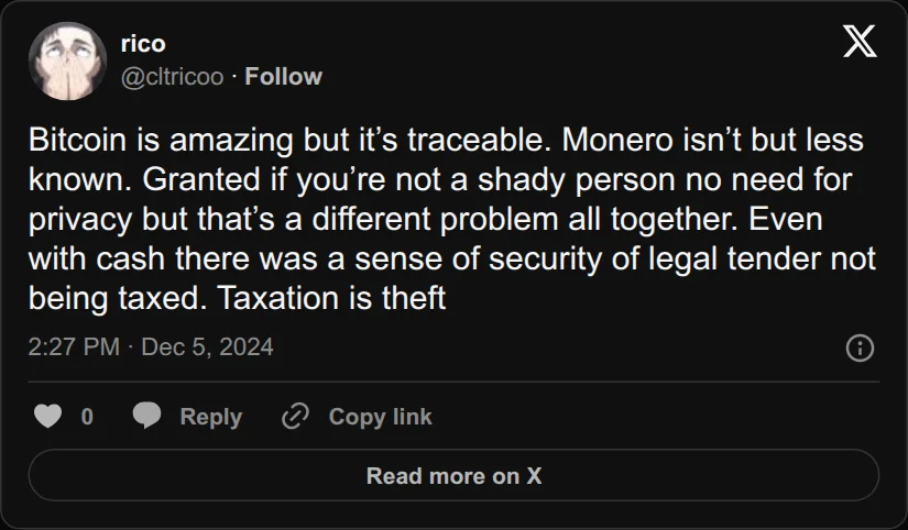 Archival rendering of an X post by rico: “If you’re not a shady person no need for privacy.”