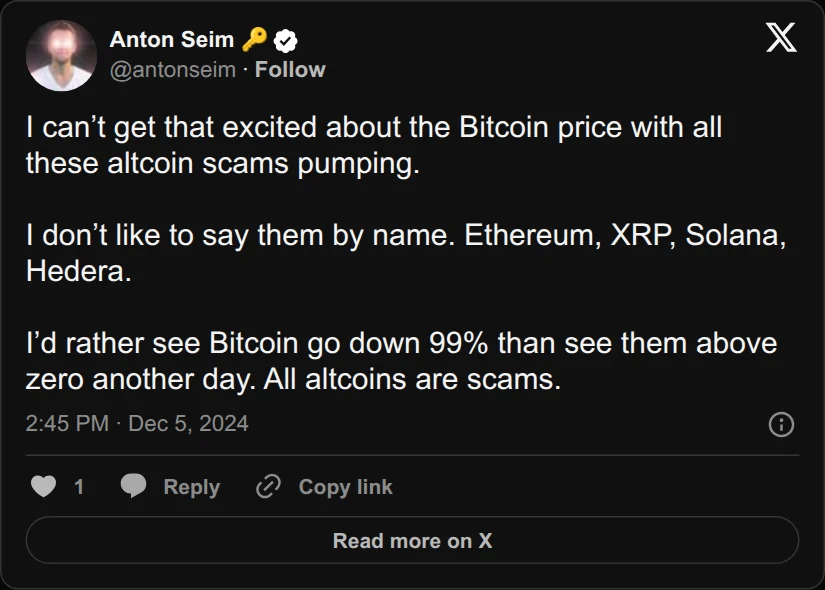 Archival rendering of an X post by Anton Seim: “Ethereum, XRP, Solana, Hedera … All altcoins are scams.”