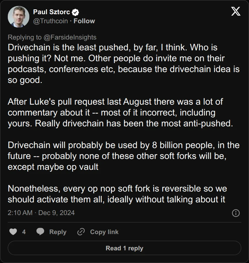 Archival rendering of an X post by Paul Sztorc: “@BitMEXResearch Drivechain is the least pushed, by far, I think. Who is pushing it? Not me. Other people do invite me on their podcasts, conferences etc, because the drivechain idea is so good. After Luke's pull request last August there was a lot of commentary about it -- most of it incorrect,”