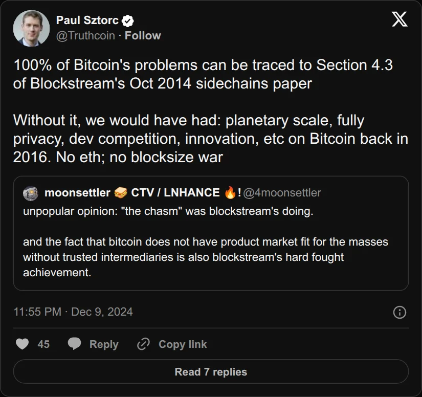 Archival rendering of an X post by Paul Sztorc: “100% of Bitcoin's problems can be traced to Section 4.3 of Blockstream's Oct 2014 sidechains paper Without it, we would have had: planetary scale, fully privacy, dev competition, innovation, etc on Bitcoin back in 2016. No eth; no blocksize war https://t.co/P96dcOqVH5”