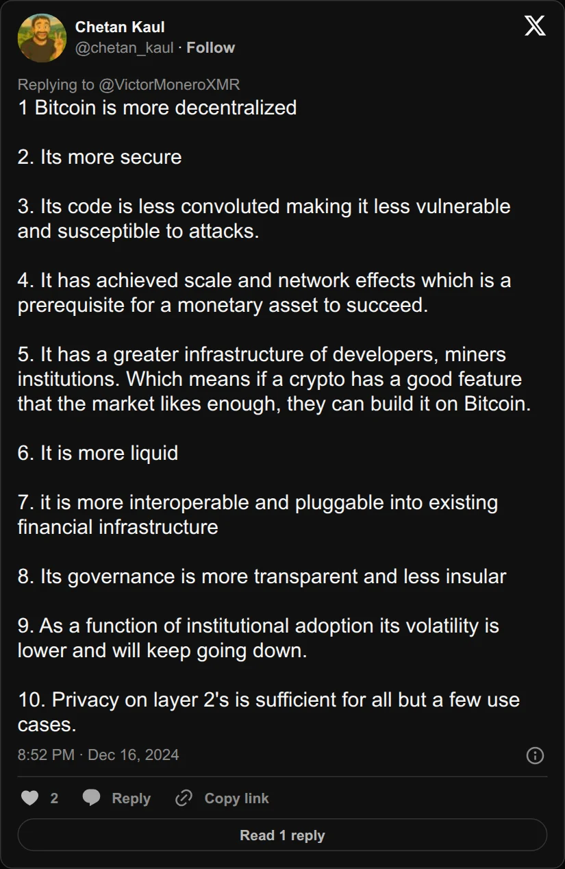 Archival rendering of an X post by Chetan Kaul: “Privacy on layer 2’s is sufficient for all but a few use cases.”