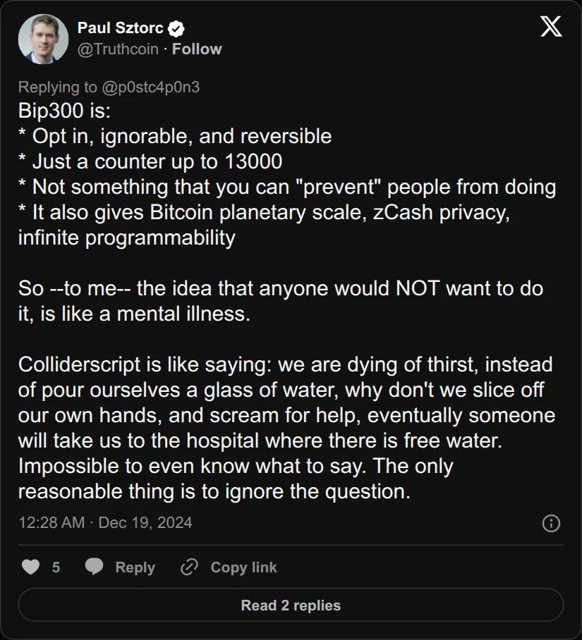 Archival rendering of an X post by Paul Sztorc: “@p0stc4p0n3 @simulxxx @tpacchia Bip300 is: * Opt in, ignorable, and reversible * Just a counter up to 13000 * Not something that you can "prevent" people from doing * It also gives Bitcoin planetary scale, zCash privacy, infinite programmability So --to me-- the idea that anyone would NOT want to do it, is”