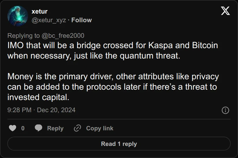 Archival rendering of an X post by xetur: “Other attributes like privacy can be added to the protocols later if there’s a threat to invested capital.”