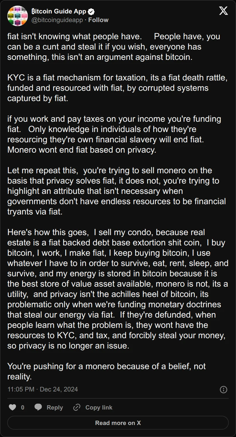 Archival rendering of an X post by Bitcoin Guide App: “You’re trying to highlight an attribute that isn’t necessary … privacy is no longer an issue.”