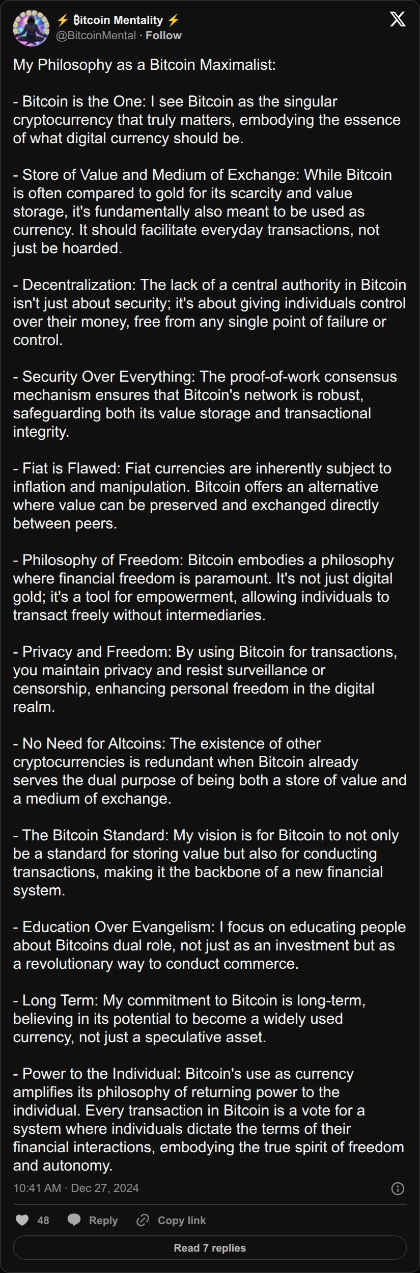 Archival rendering of an X post by Bitcoin Mentality: “By using Bitcoin for transactions, you maintain privacy and resist surveillance or censorship.”