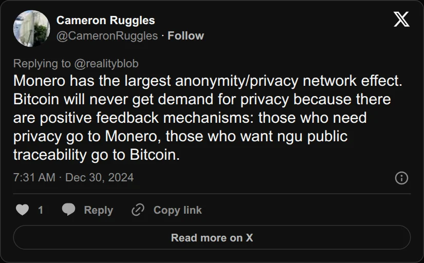 Archival rendering of an X post by Cameron Ruggles: “Bitcoin will never get demand for privacy … those who need privacy go to Monero, those who want ngu public traceability go to Bitcoin.”
