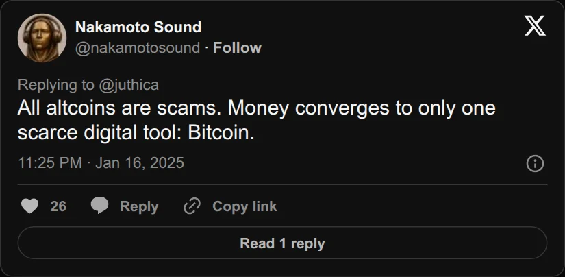 Archival rendering of an X post by Nakamoto Sound: “All altcoins are scams. Money converges to only one scarce digital tool: Bitcoin.”