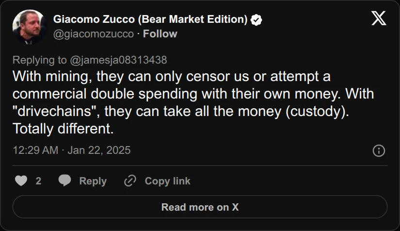 Archival rendering of an X post by Giacomo Zucco (Bear Market Edition): “With “drivechains”, they can take all the money (custody).”