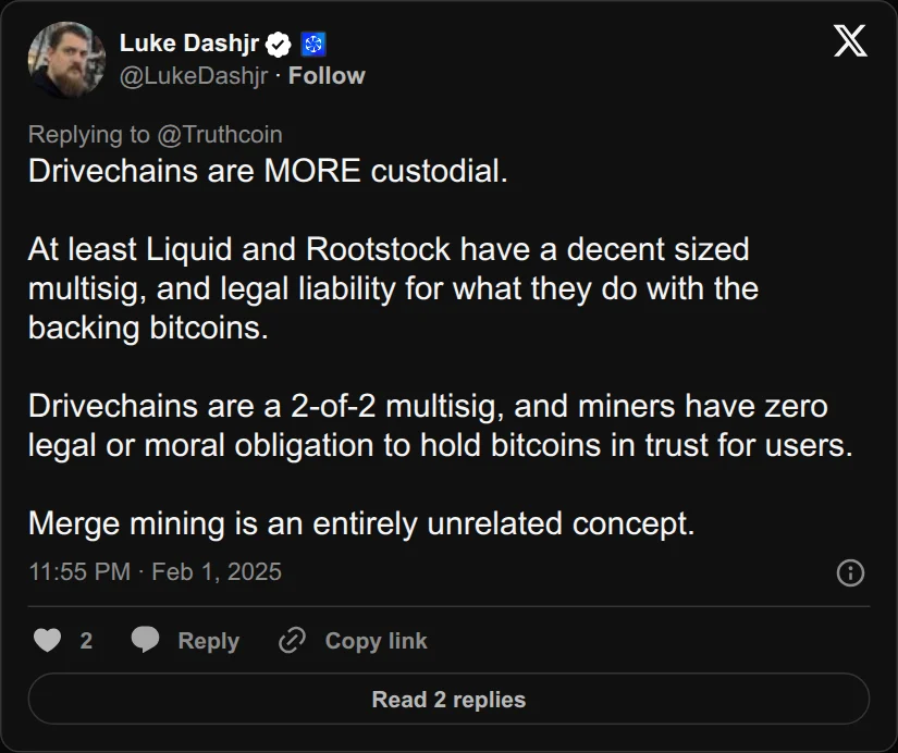 Archival rendering of an X post by Luke Dashjr: “Drivechains are MORE custodial.”