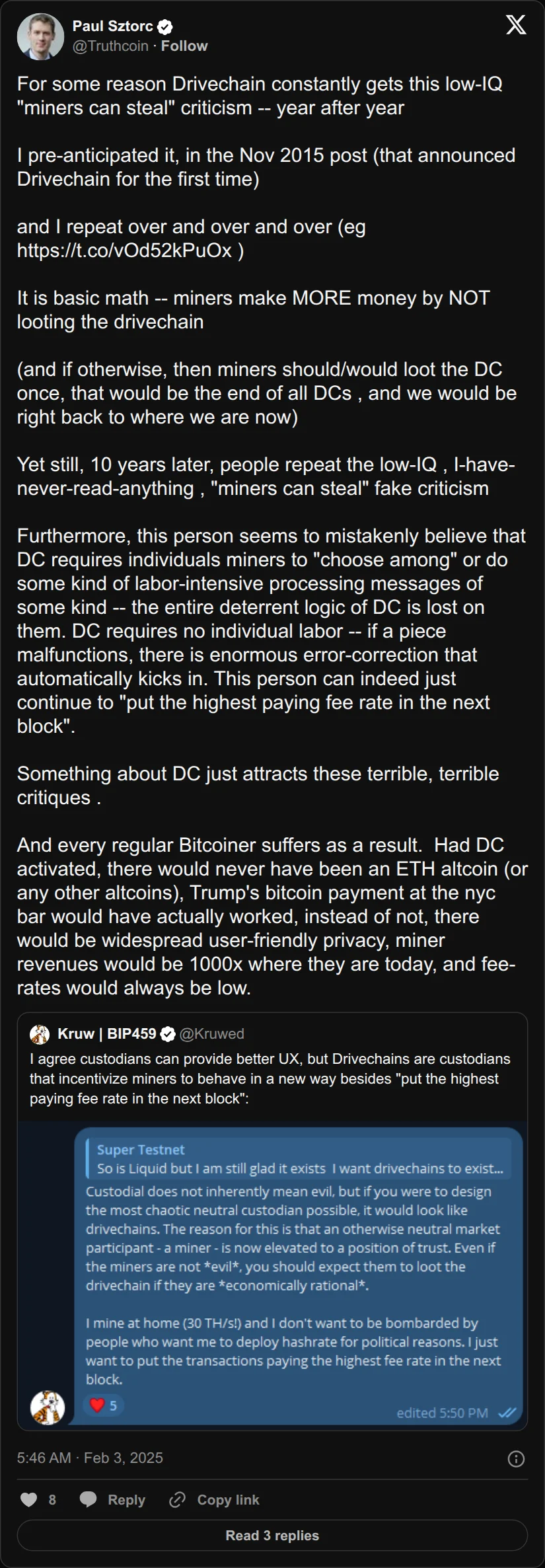 Archival rendering of an X post by Paul Sztorc: “For some reason Drivechain constantly gets this low-IQ "miners can steal" criticism -- year after year I pre-anticipated it, in the Nov 2015 post (that announced Drivechain for the first time) and I repeat over and over and over (eg https://t.co/K6A0YgFGcE ) It is basic math https://t.co/kLiAu4TZH9”