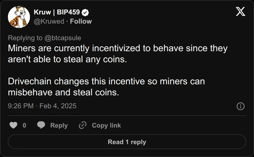 Archival rendering of an X post by Kruw | BIP459: “Miners are currently incentivized to behave since they aren't able to steal any coins. Drivechain changes this incentive so miners can misbehave and steal…”