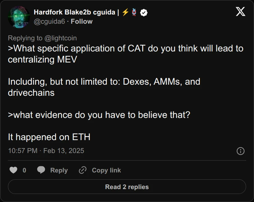 Archival rendering of an X post by Hardfork Blake2b cguida | ⚡🪢: “>What specific application of CAT do you think will lead to centralizing MEV Including, but not limited to: Dexes, AMMs, and drivechains >what evidence…”