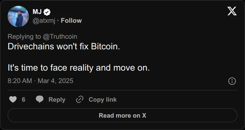 Archival rendering of an X post by MJ: “Drivechains won't fix Bitcoin. It's time to face reality and move on.”