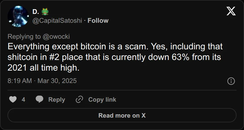 Archival rendering of an X post by D. 🐲: “Everything except bitcoin is a scam. Yes, including that shitcoin in #2 place that is currently down 63% from its 2021 all time high.”