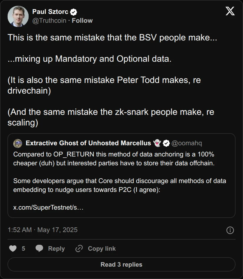 Archival rendering of an X post by Paul Sztorc: “This is the same mistake that the BSV people make... ...mixing up Mandatory and Optional data. (It is also the same mistake Peter Todd makes, re drivechain) (And the same mistake the zk-snark people make, re scaling) https://t.co/yEEjUuylr6”