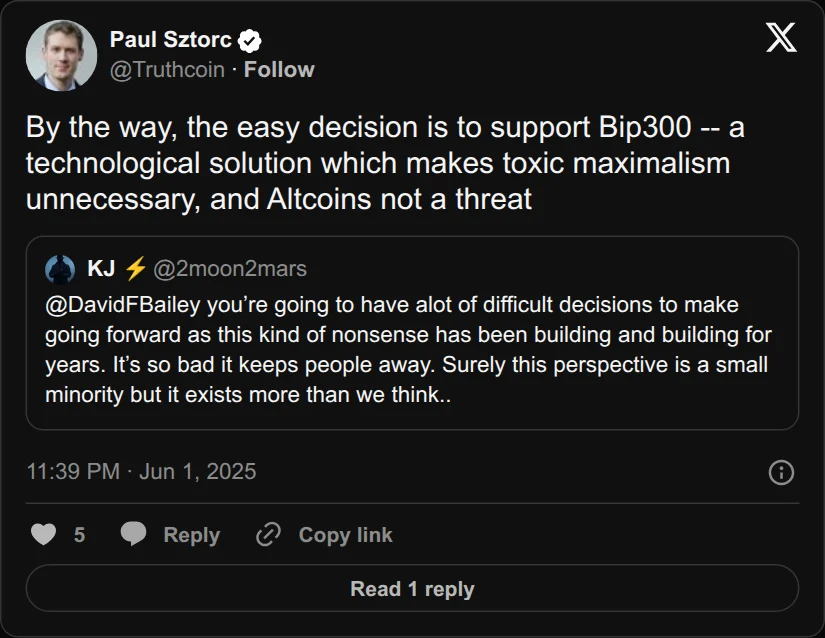 Archival rendering of an X post by Paul Sztorc: “By the way, the easy decision is to support Bip300 -- a technological solution which makes toxic maximalism unnecessary, and Altcoins not a threat https://t.co/vWJ8rxwhkd”