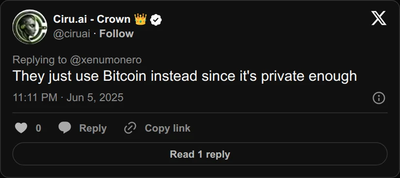 Archival rendering of an X post by Ciru.ai - Crown 👑: “They just use Bitcoin instead since it's private enough”