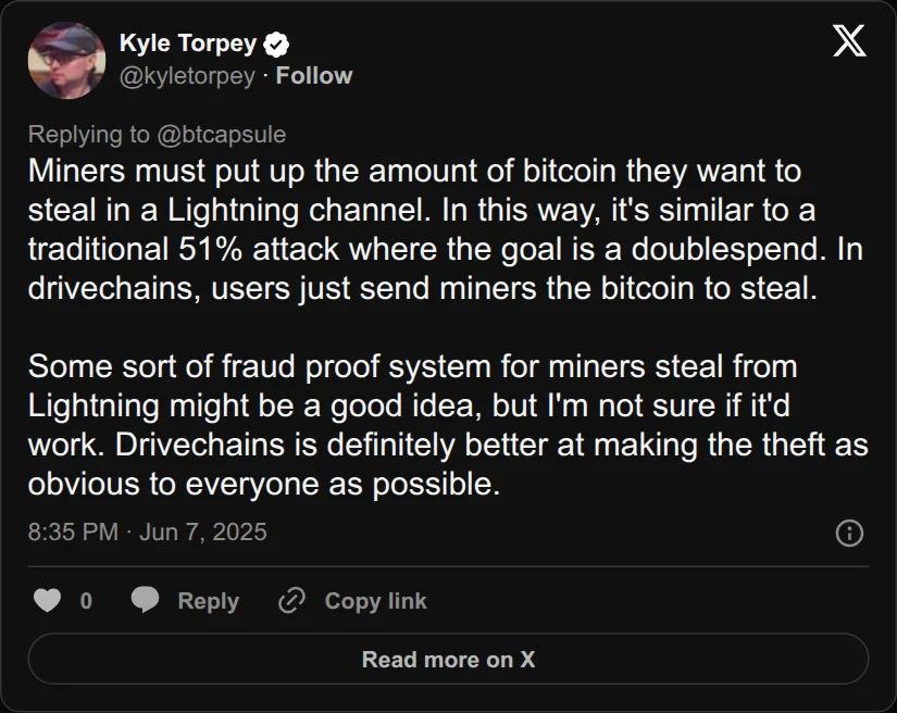 Archival rendering of an X post by Kyle Torpey: “In drivechains, users just send miners the bitcoin to steal.”