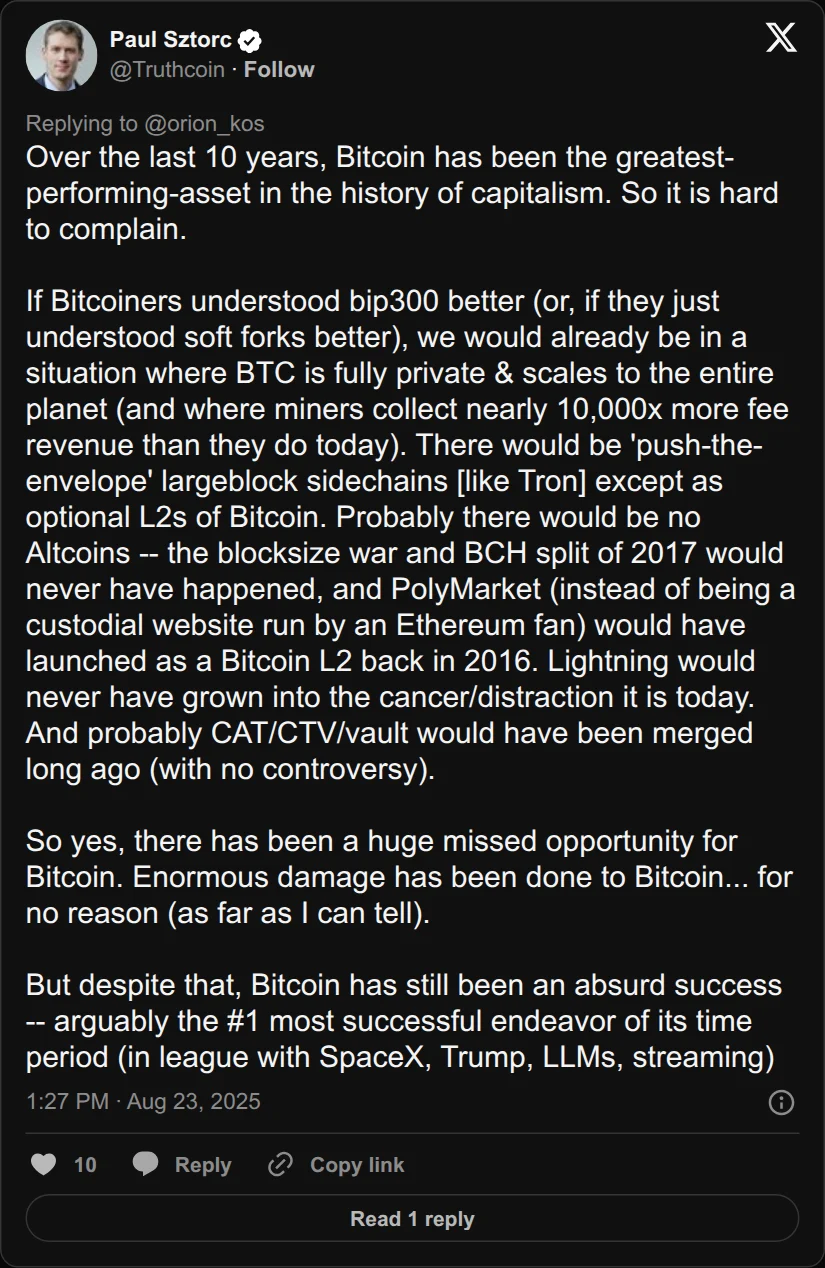 Archival rendering of an X post by Paul Sztorc: “@orion_kos @barackomaba @francispouliot_ Over the last 10 years, Bitcoin has been the greatest-performing-asset in the history of capitalism. So it is hard to complain. If Bitcoiners understood bip300 better (or, if they just understood soft forks better), we would already be in a situation where BTC is fully private &”