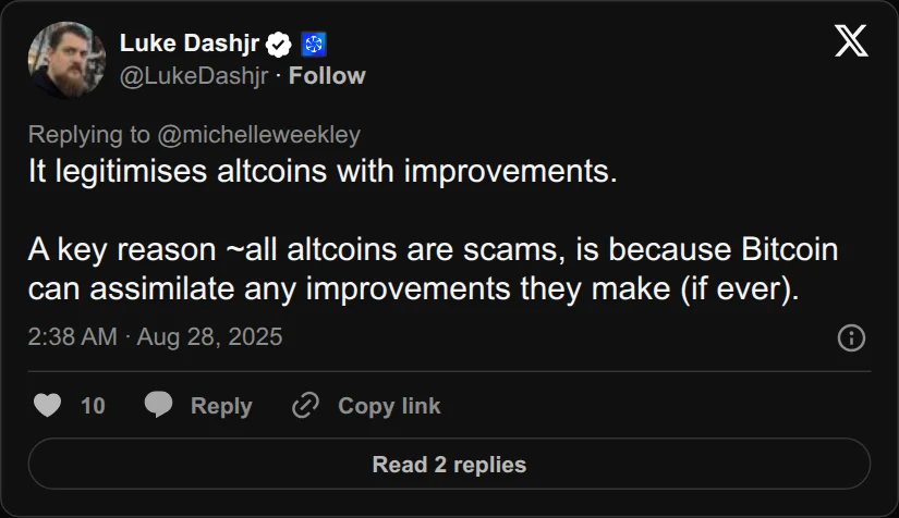 Archival rendering of an X post by Luke Dashjr: “It legitimises altcoins with improvements. A key reason ~all altcoins are scams, is because Bitcoin can assimilate any improvements they make (if ever).”