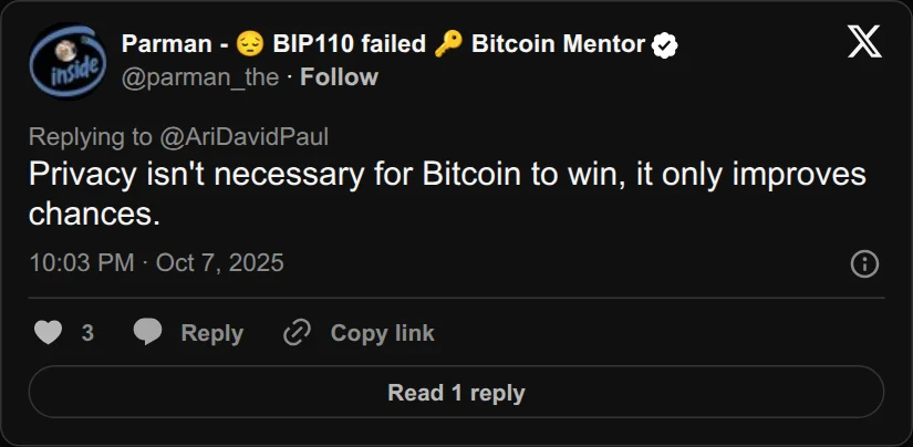 Archival rendering of an X post by Parman - 😔 BIP110 failed 🔑 Bitcoin Mentor: “Privacy isn't necessary for Bitcoin to win, it only improves chances.”