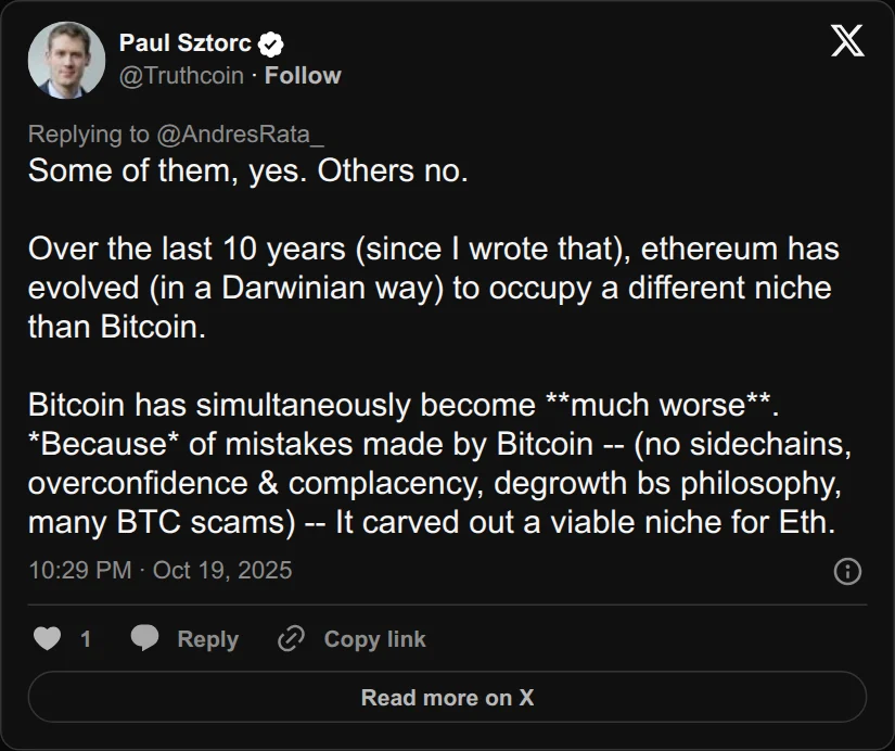 Archival rendering of an X post by Paul Sztorc: “@AndresRata_ @0xMakesy Some of them, yes. Others no. Over the last 10 years (since I wrote that), ethereum has evolved (in a Darwinian way) to occupy a different niche than Bitcoin. Bitcoin has simultaneously become **much worse**. *Because* of mistakes made by Bitcoin -- (no sidechains,”