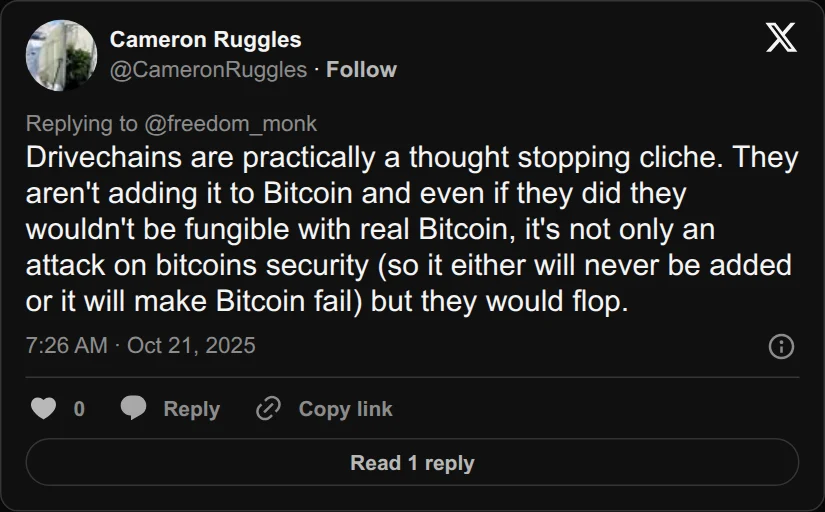 Archival rendering of an X post by Cameron Ruggles: “They wouldn't be fungible with real Bitcoin... it's not only an attack on bitcoins security.”