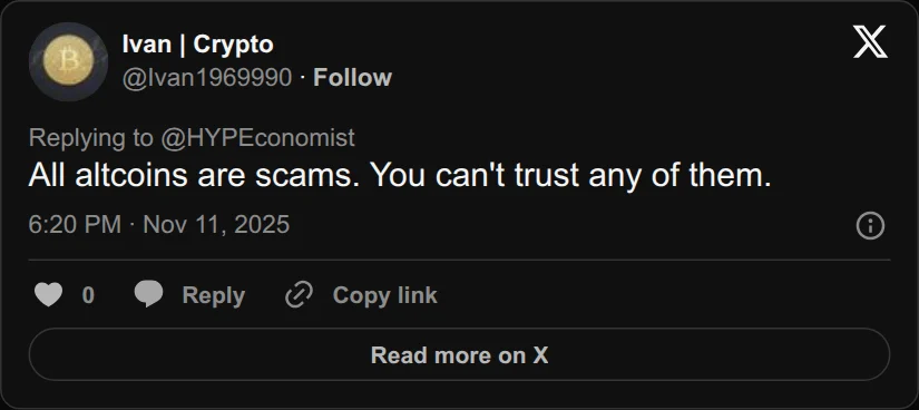 Archival rendering of an X post by Ivan | Crypto: “All altcoins are scams. You can't trust any of them.”